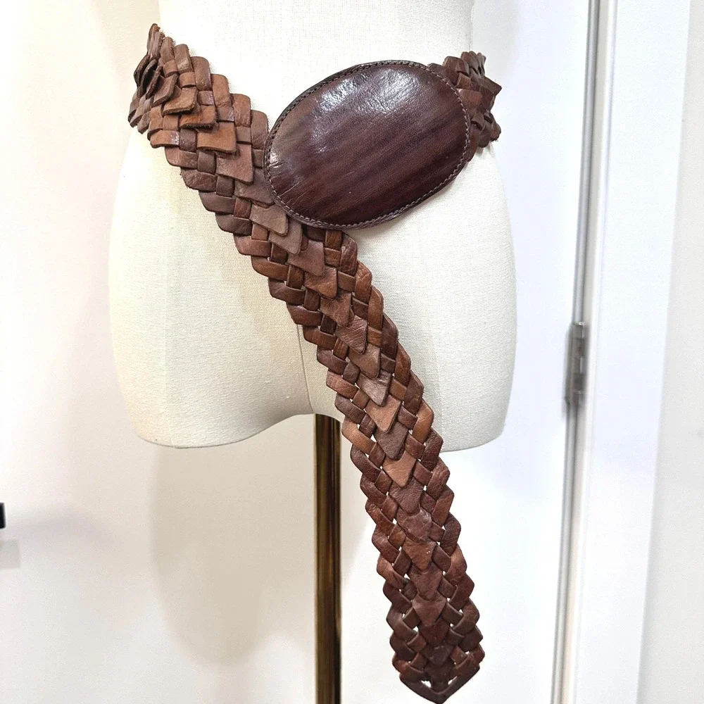 VTG Chicos Genuine Leather Woven Braided Wide Belt M Brown Morocco Boho Western